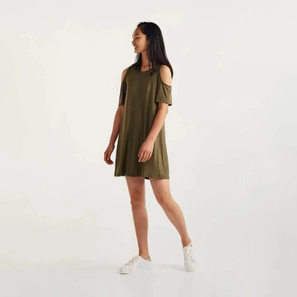 Pull & Bear Womens XS Cold Shoulder Dress Army Green Summer - Picture 2 of 6